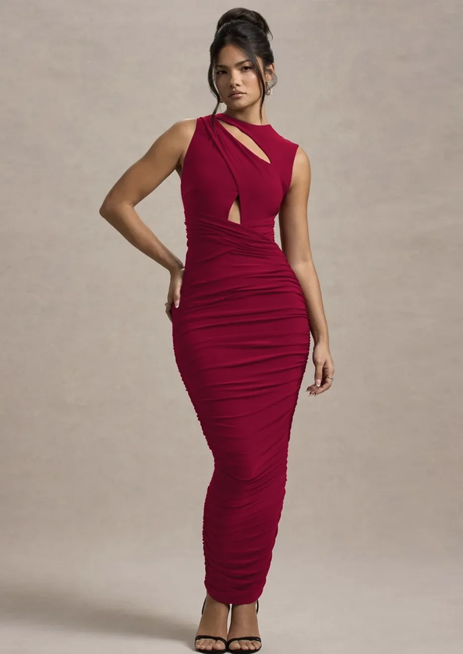 Claret Cut-out Detail Ruched Bodycon Dress