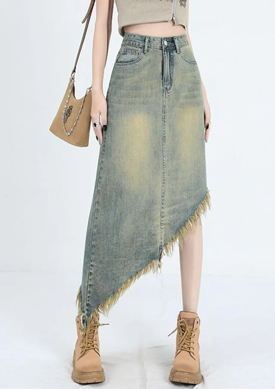 Frayed Hem Asymmetric Denim Skirt