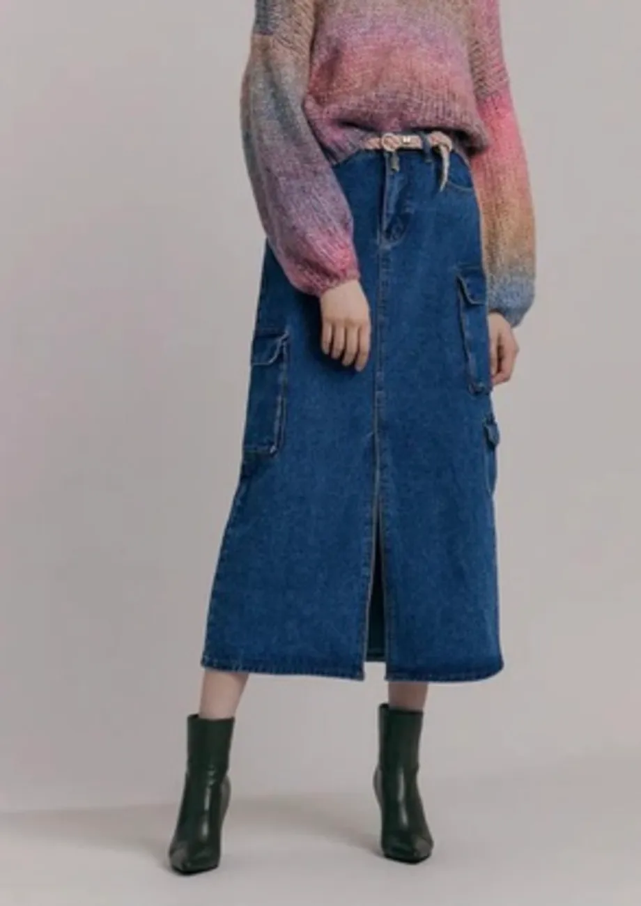 Dark Blue Front Slit Denim Skirt