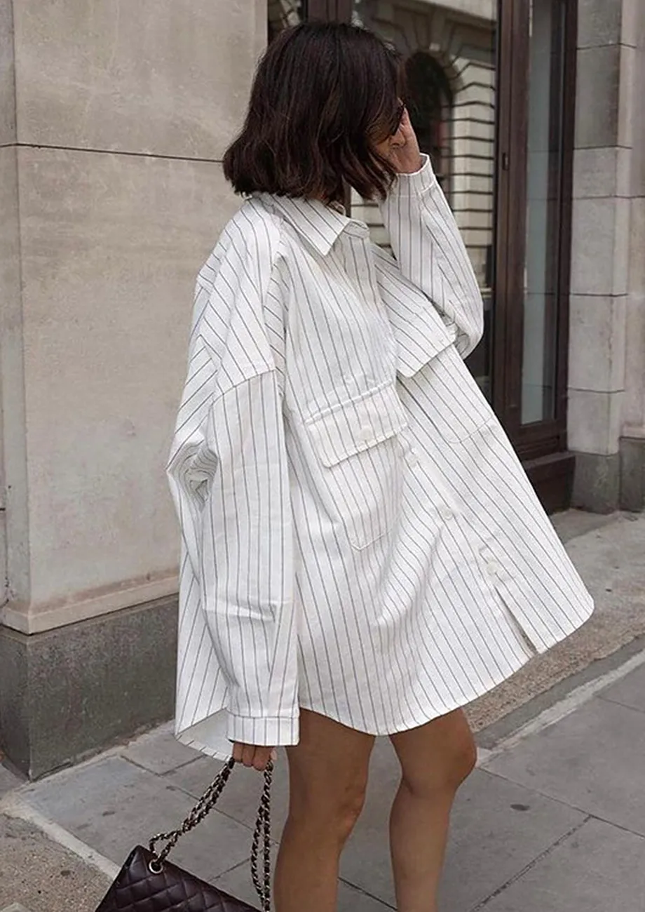 White Stripe Patterned Loose Shirt