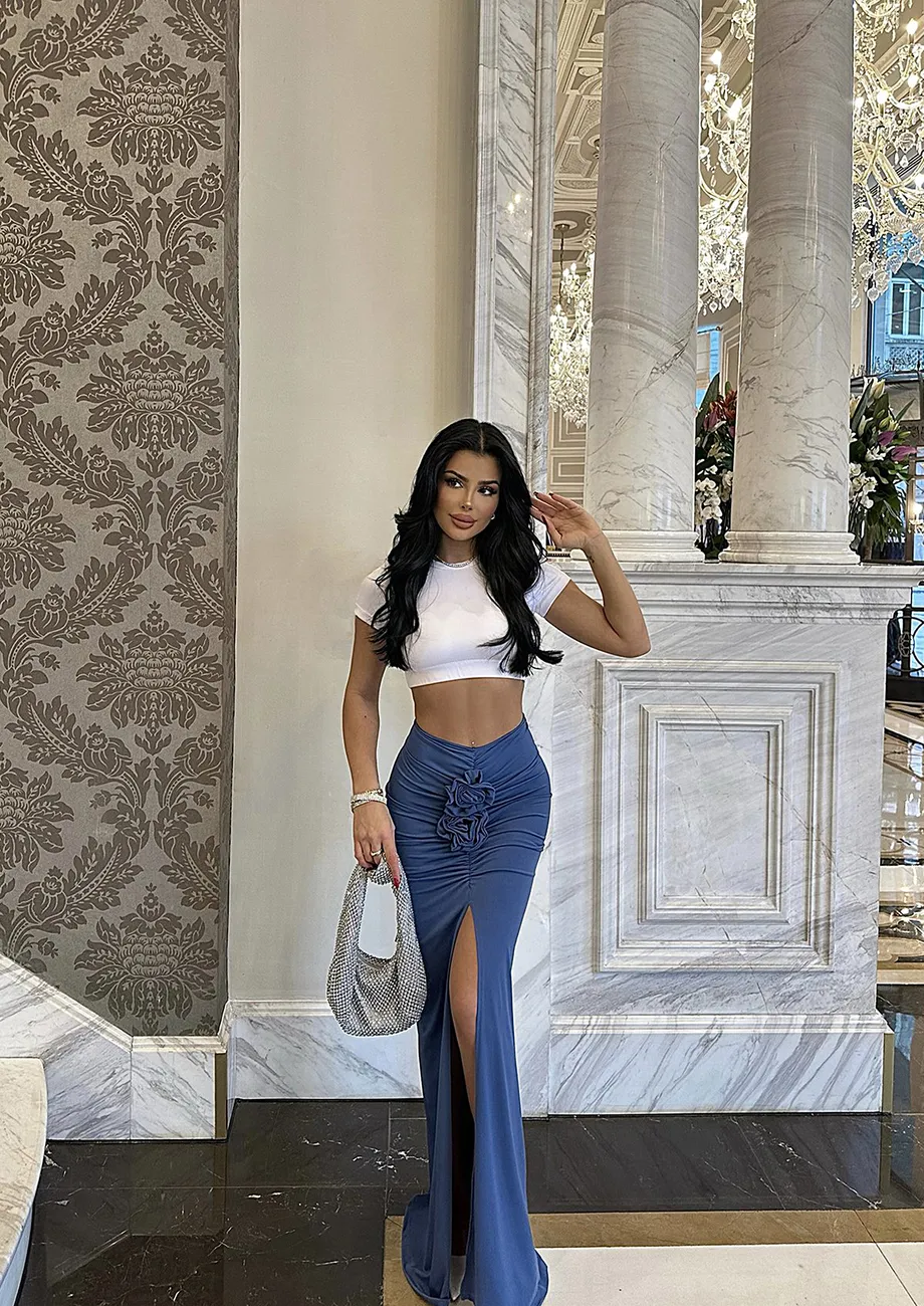Blue Floral Detail Slit Drape Skirt