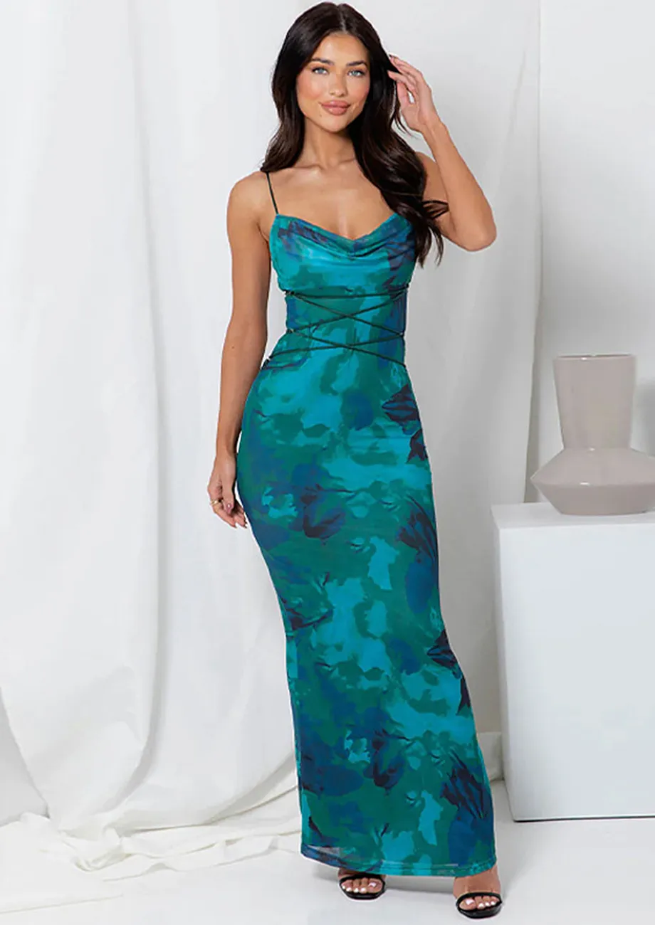 Blue lace fishtail maxi dress best sale