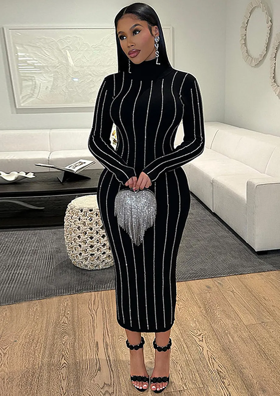 Black Contrast Studs Slim Mid-length Dress