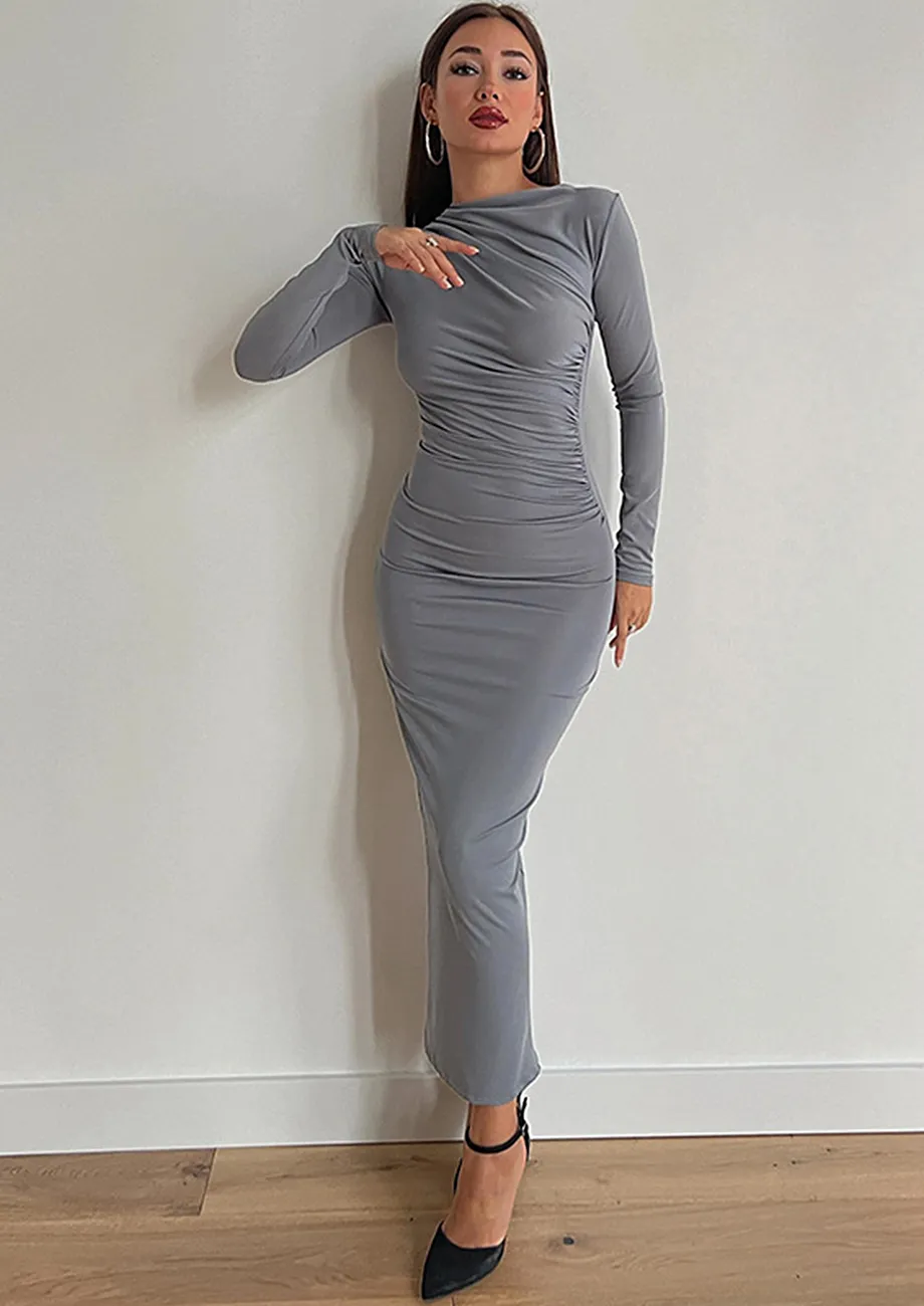 Buy Shirred Grey Long Bodycon Dress for Women Online in India