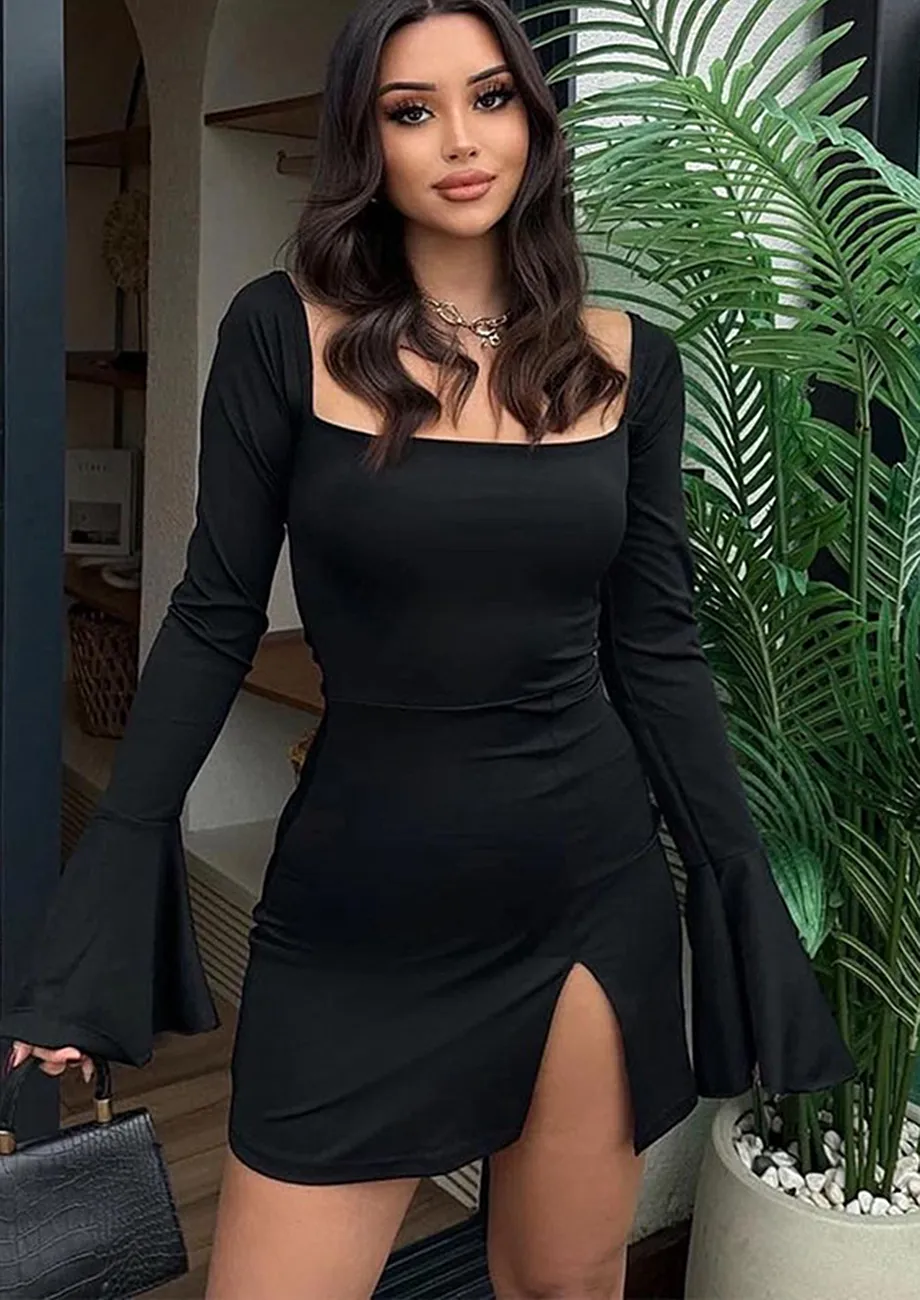 Low cut long black dress best sale