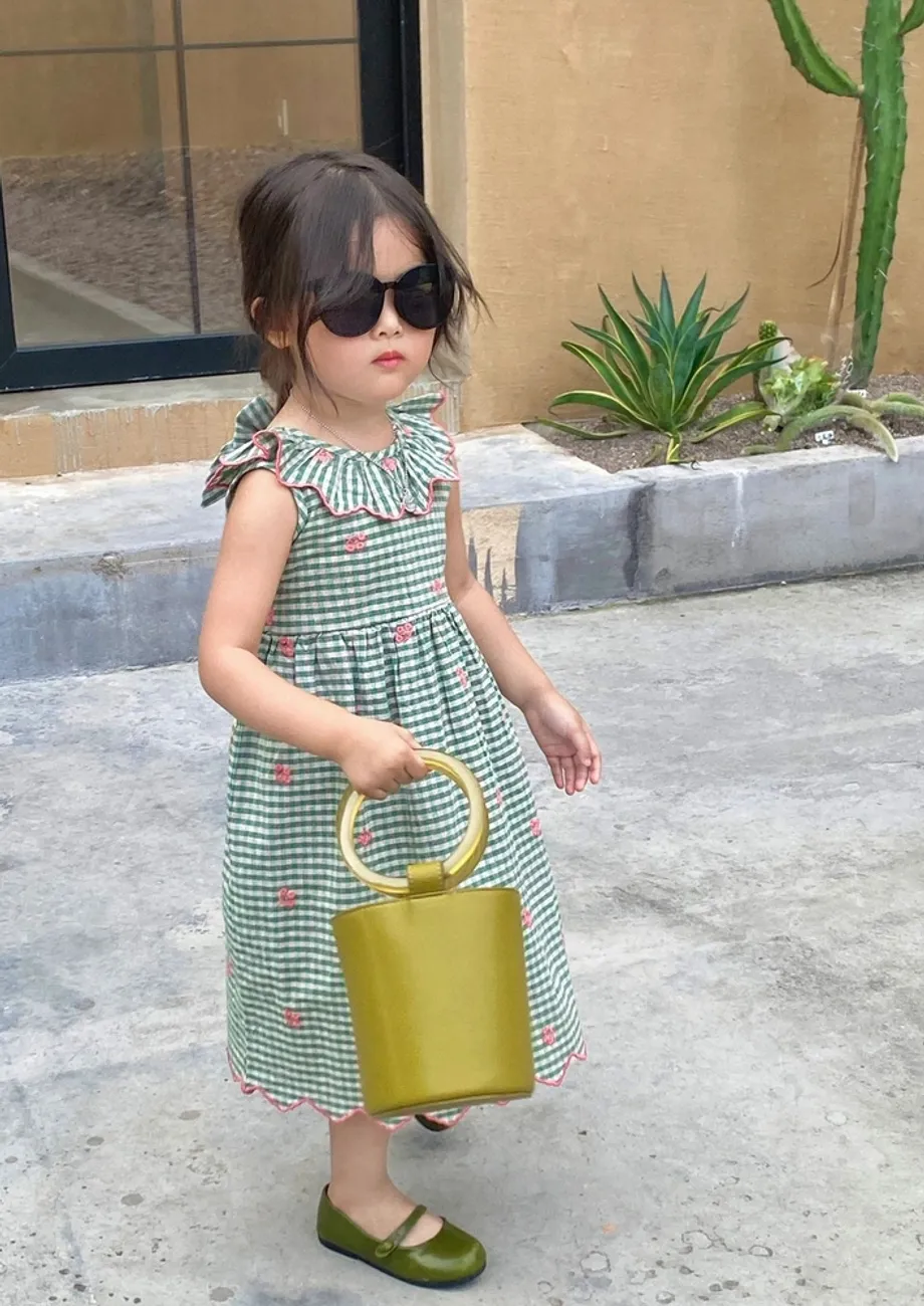 Girls Bow Tie Detail Green Printed Dress