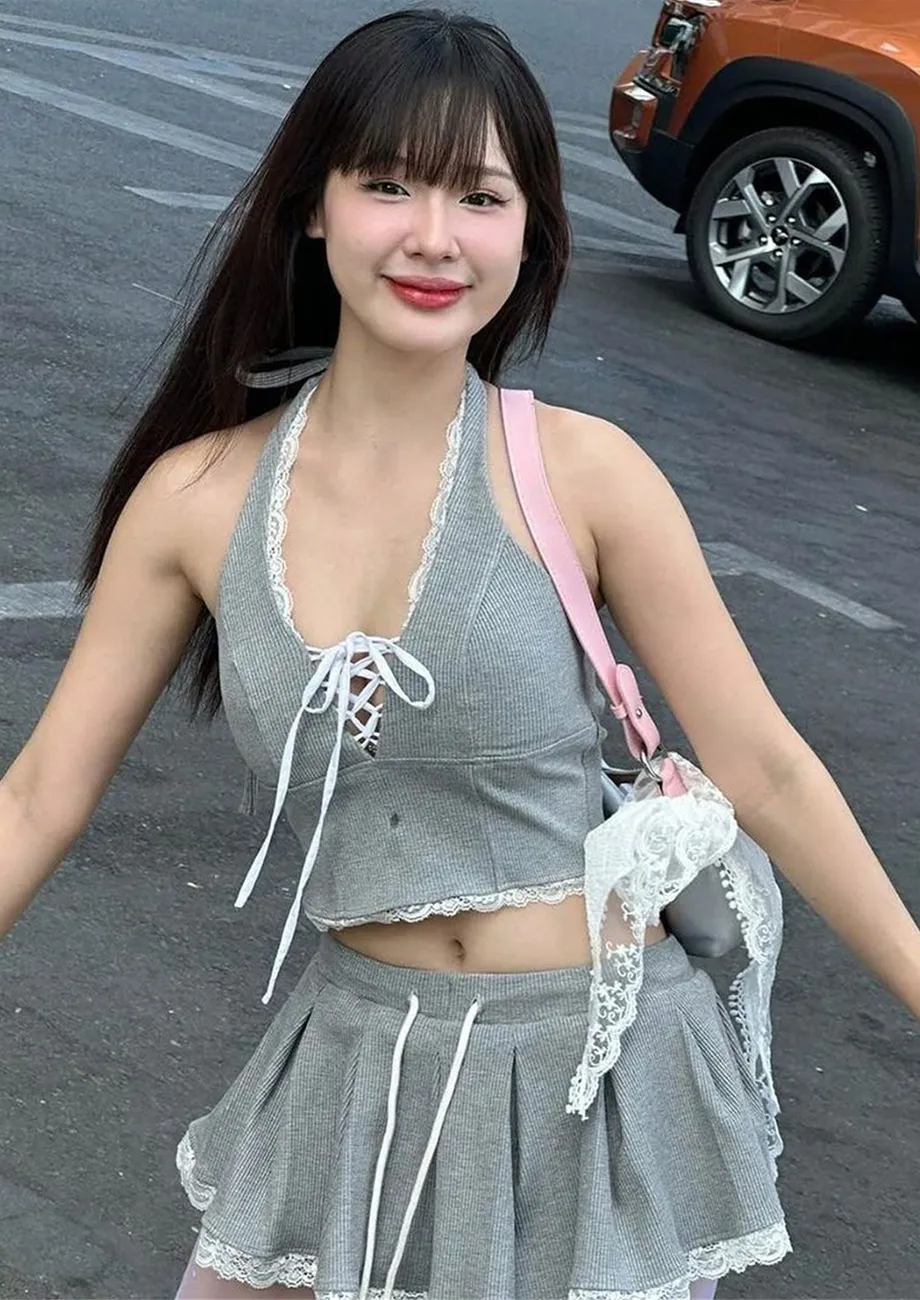 Grey Drawstring Waist Mini Skater Skirt