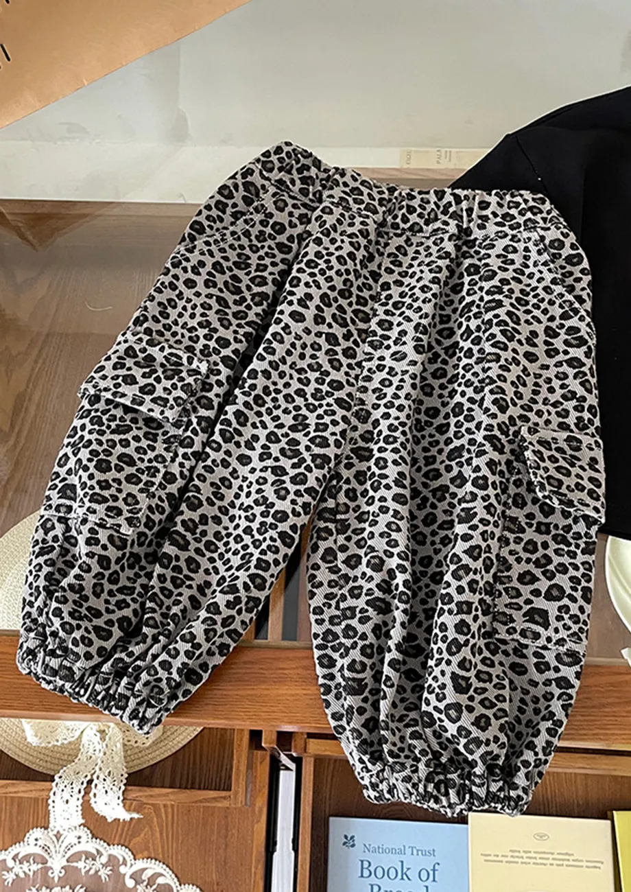 Grey Leopard Print Cargo Joggers