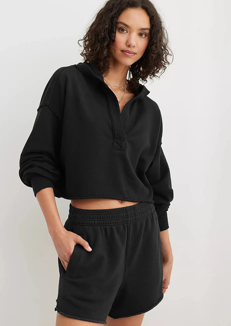 Black Oversized Reverse-stitch Short Hoodie