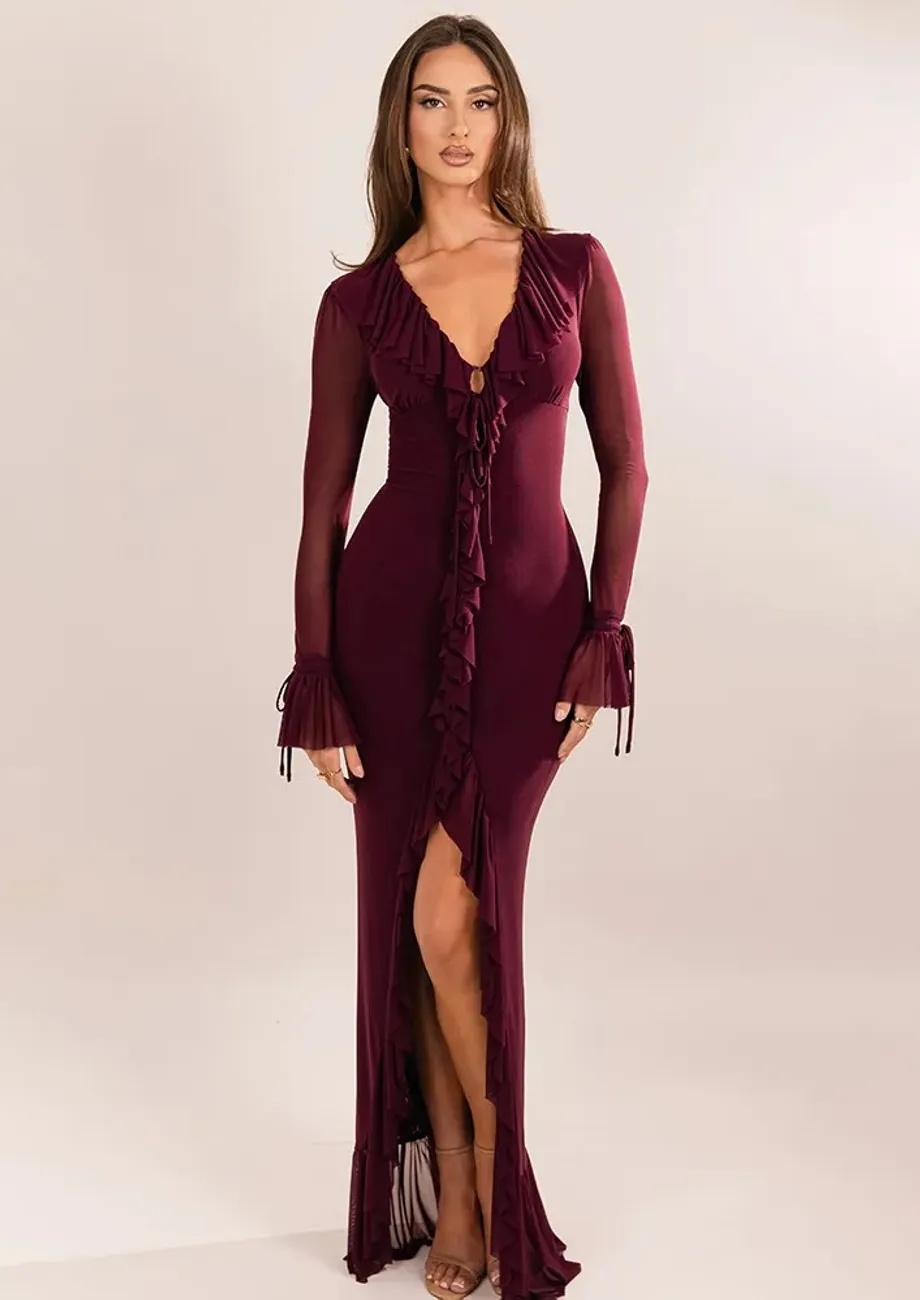 v neck long frilly dresses