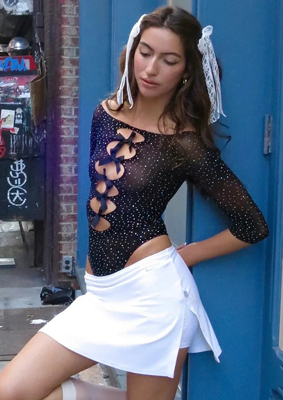 SEMI-SHEER BLACK EMBELLISHED BODYSUIT