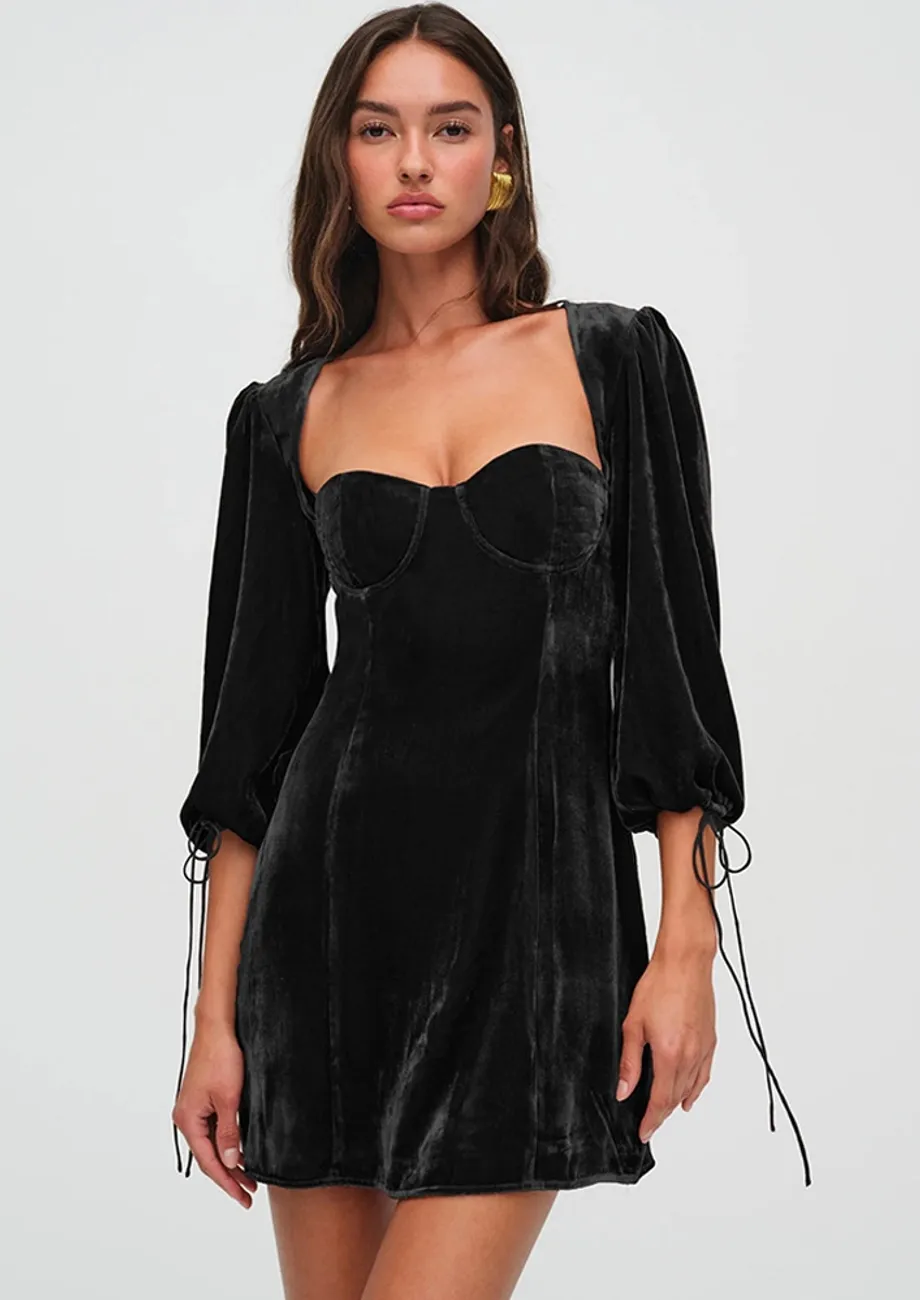 black velvet puff sleeve mini dress Black Velvet Mini Dress