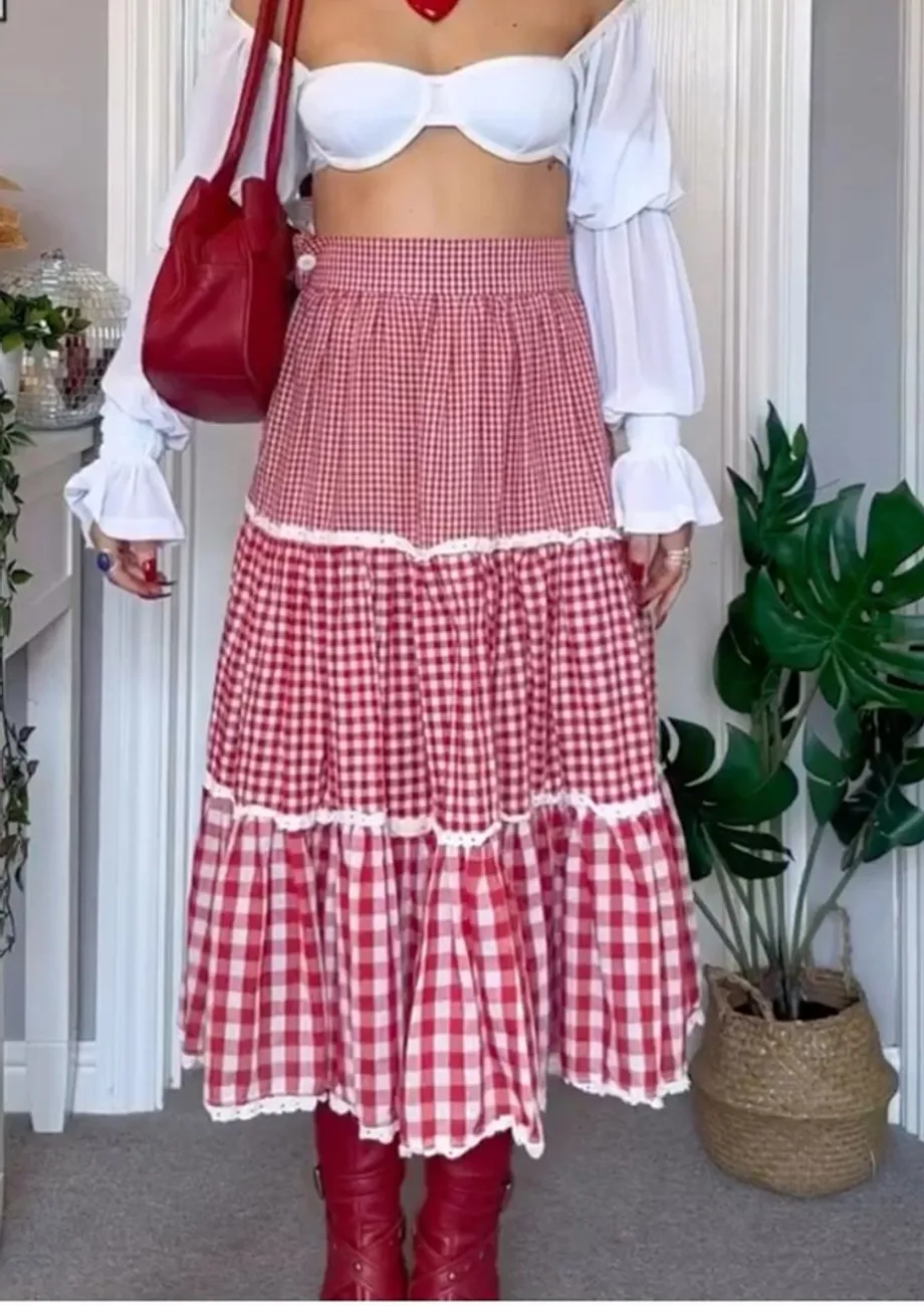 Gingham Pattern Red Maxi Skirt