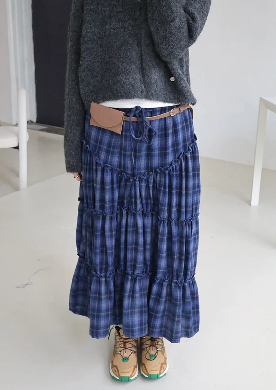 Blue Plaid Pattern Tiered Fs Midi Skirt