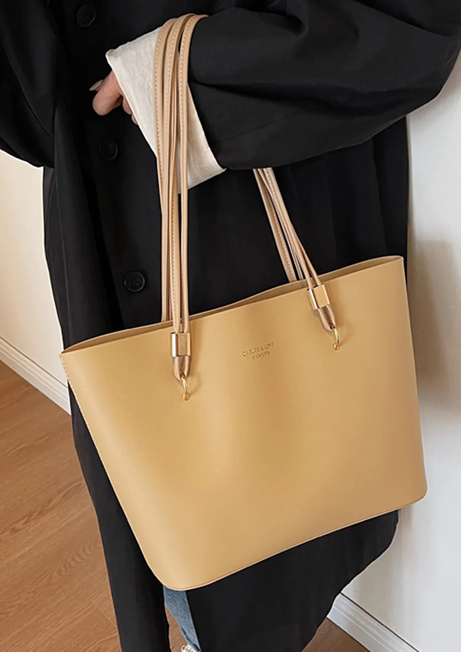 LAYERED DOUBLE STRAP PU KHAKI TOTE BAG