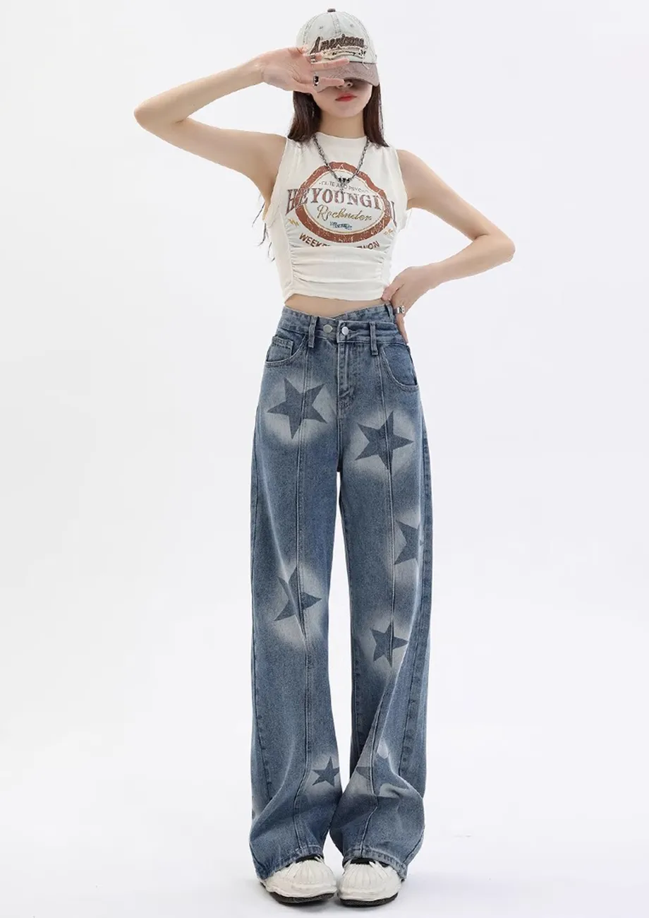 Blue Geometric Motif Overlap-waist Jeans