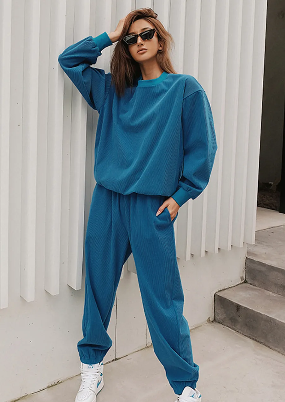 Buy Relaxed Fit Round Neck Blue Sweatshirt Jogger Set for Women Online in India