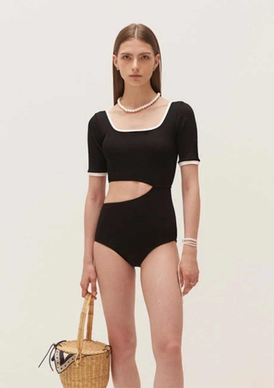 Contrast Black Scoop Neck Cut-out Swimsuit
