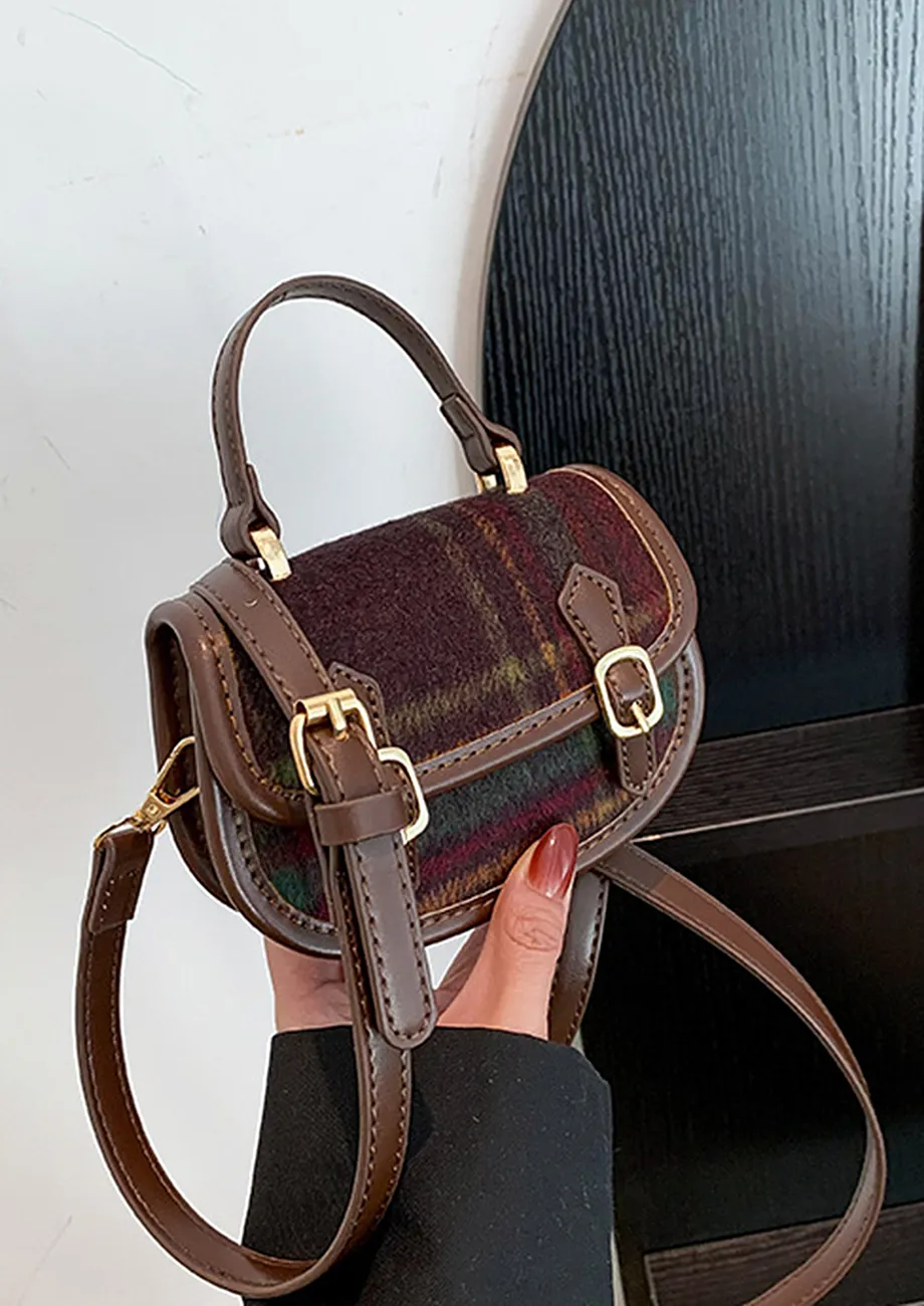 RED PLAID PATTERN SADDLE SLING BAG