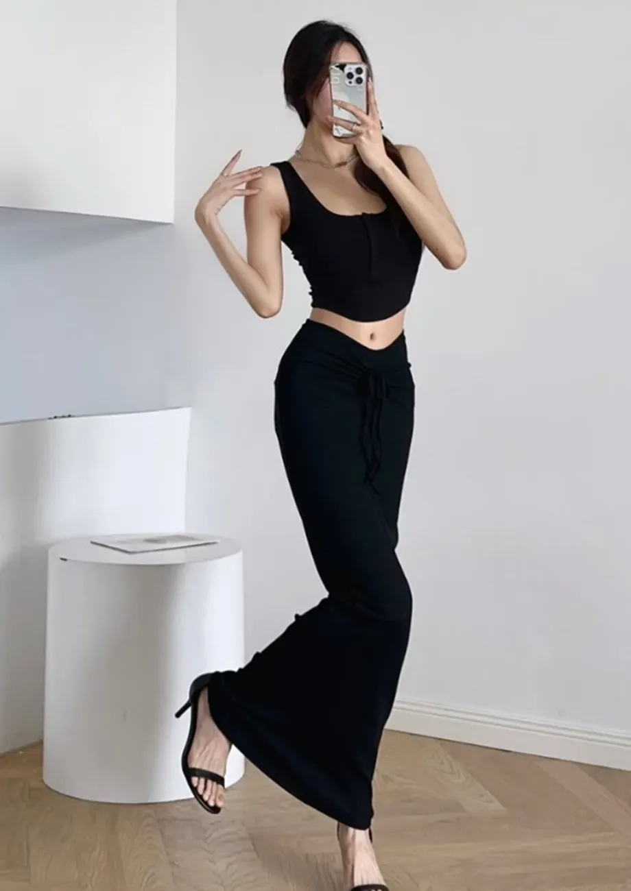 Black Tie-up Drawstring Maxi Skirt