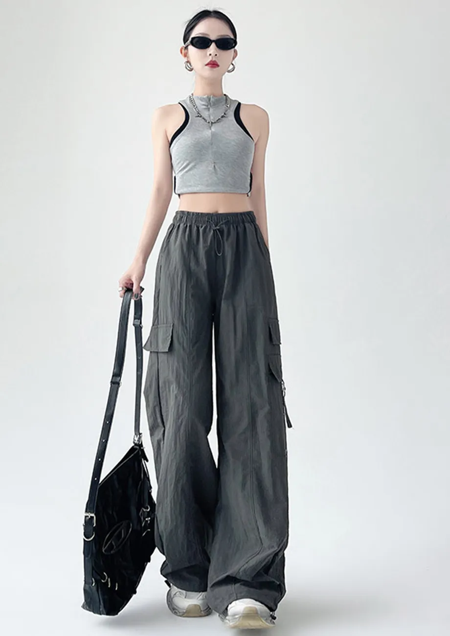 Dark Grey Crinkle-effect Nylon Parachute Pants