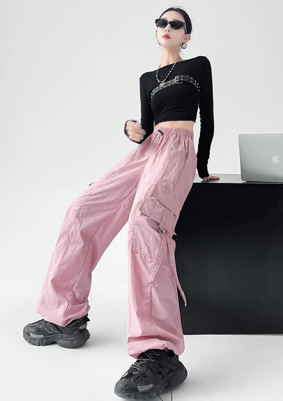 Pink Crinkle-effect Nylon Parachute Pants