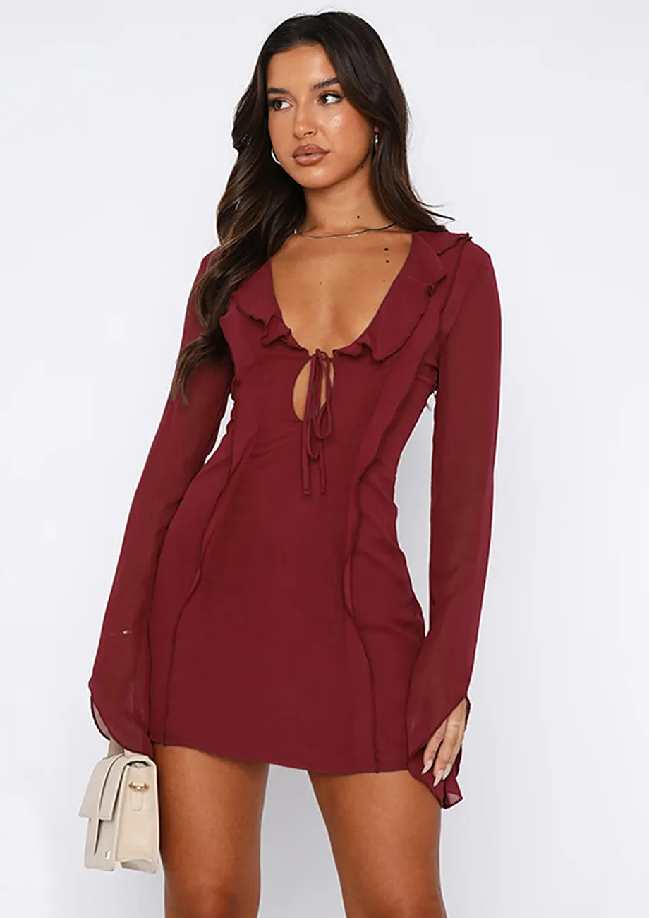CLARET FRILL-TRIM A-LINE DRESS