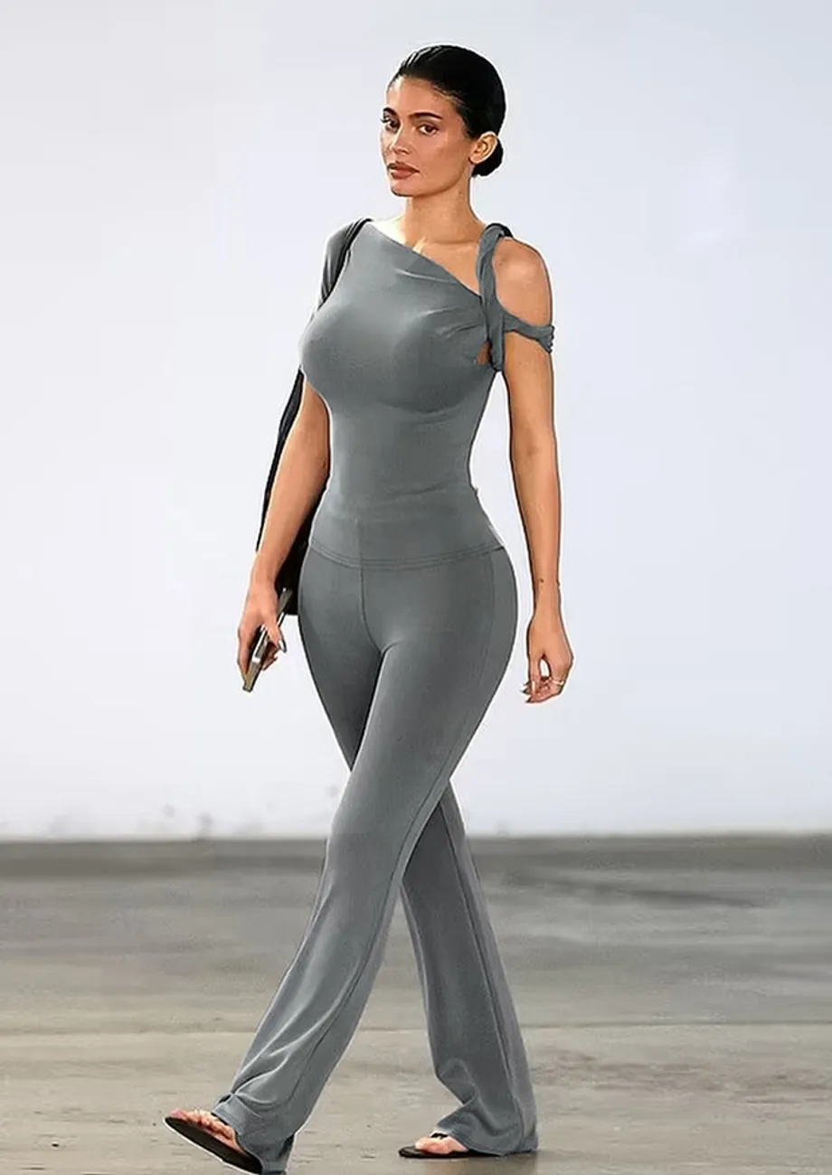 Grey Fitted Top & Flare Pants