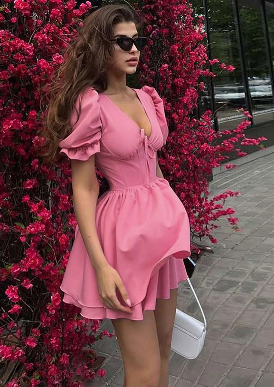 Buy V NECK PINK TIE STRAP SKATER DRESS for Women Online in India