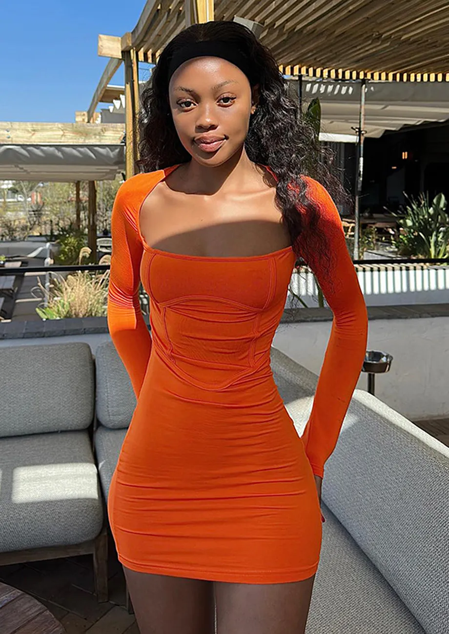 Buy ORANGE SQUARE NECK BODYCON DRESS for Women Online in India