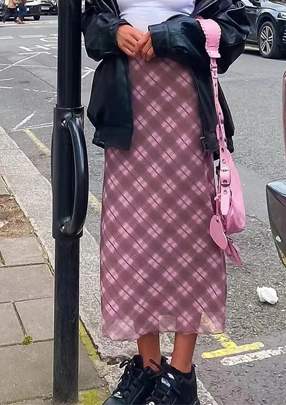 PLAID PINK LOW-RISE MAXI Y2K SKIRT