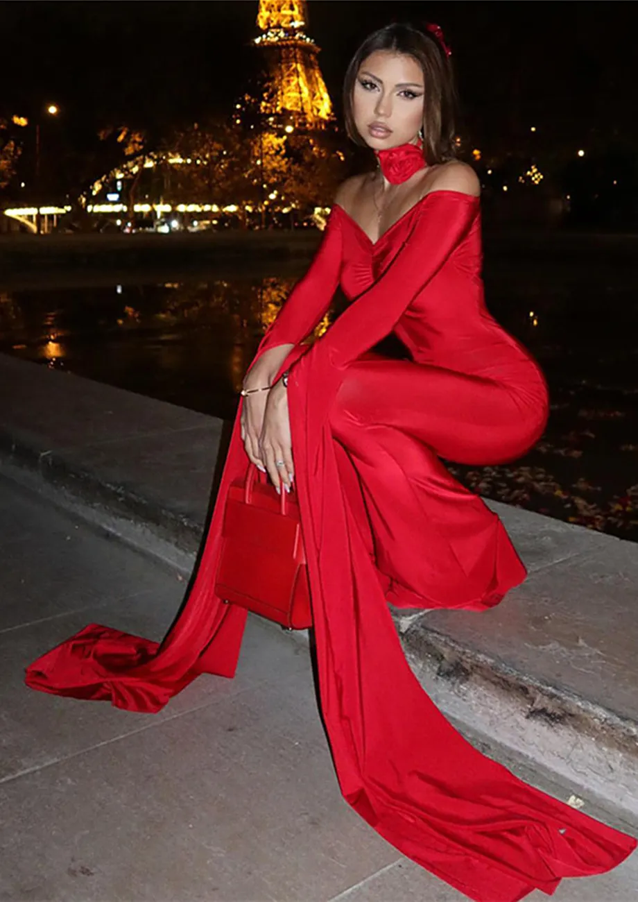 RED OFF-SHOULDER HANGING SLEEVED JUMPSUIT