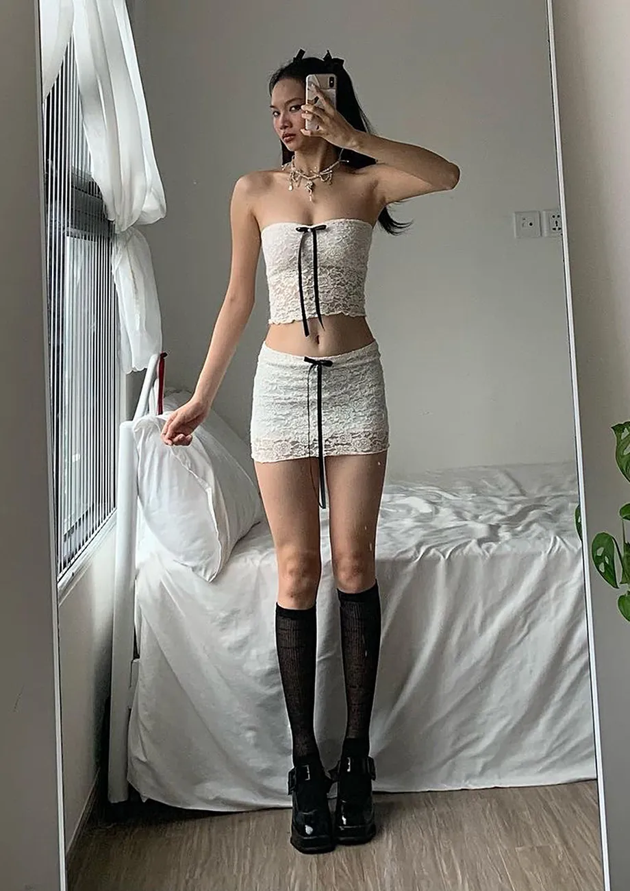 White Lace Bow-knot Ribbons Co-ord Set