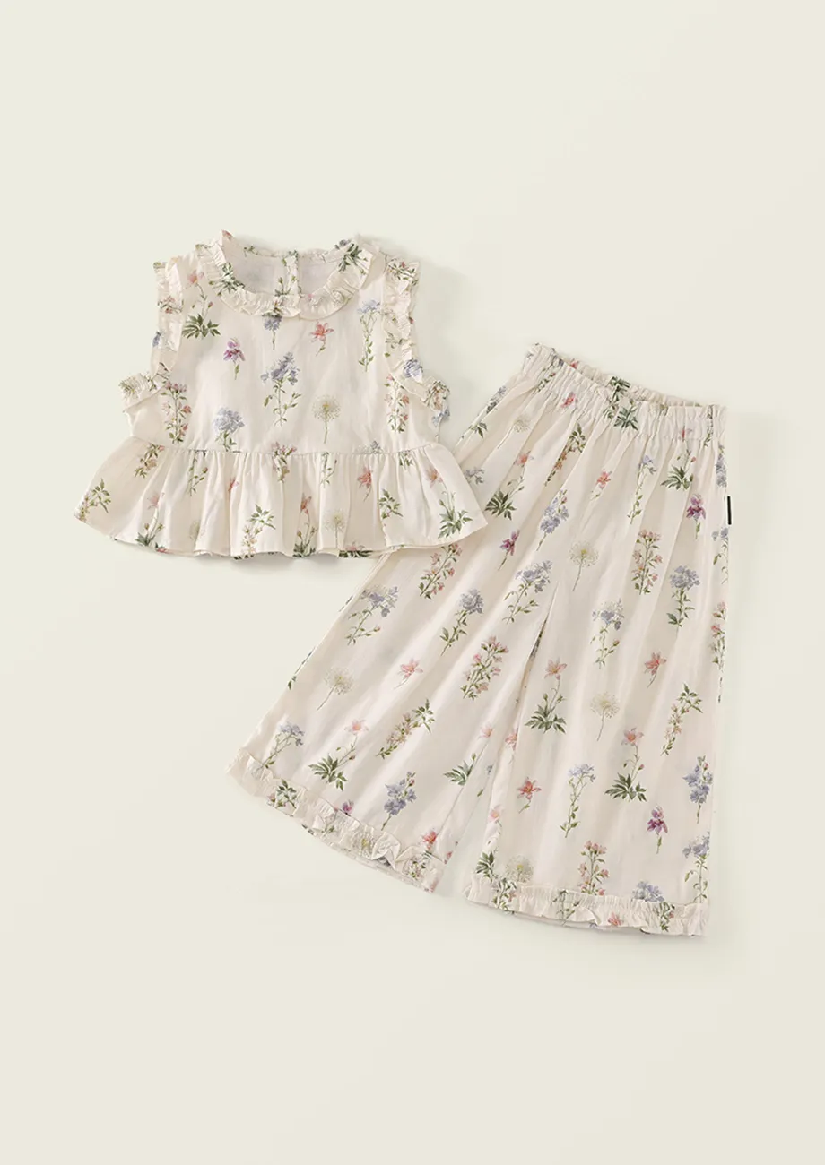 Beige Girls 2pc Floral Top & Pants