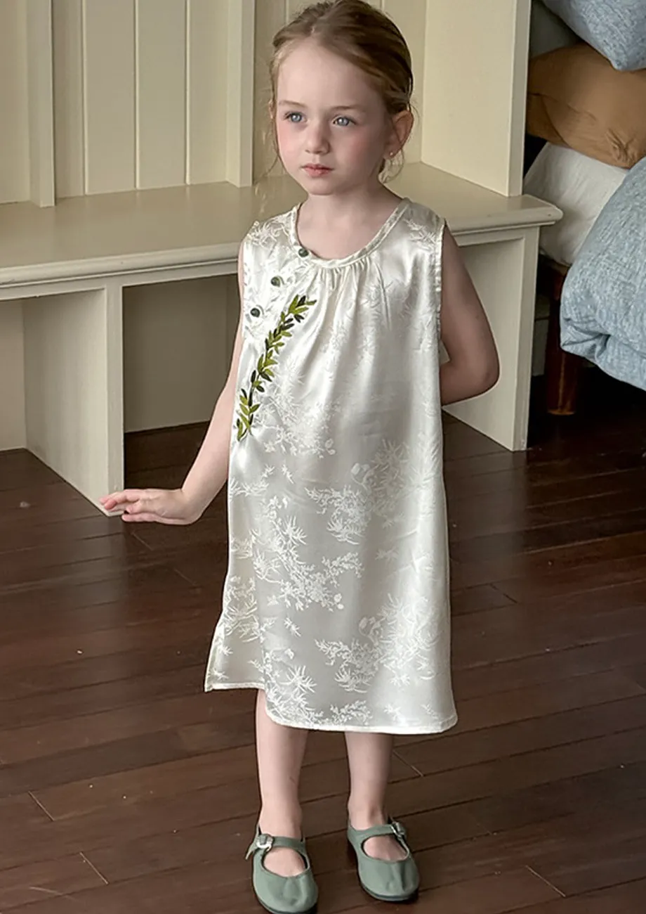 Off White Floral Girls Sleeveless Midi Dress