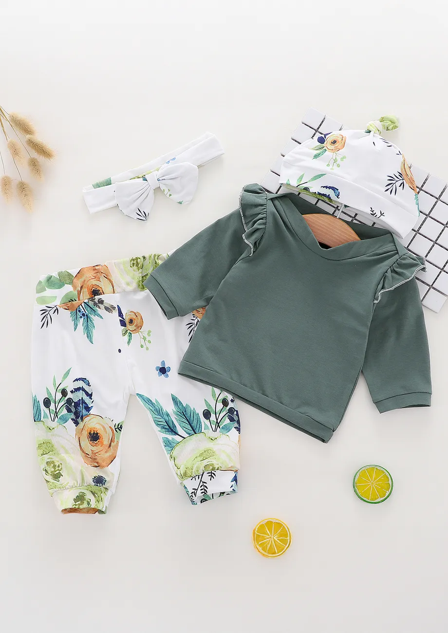 Girls Green Floral 4-pc Co-ord Set