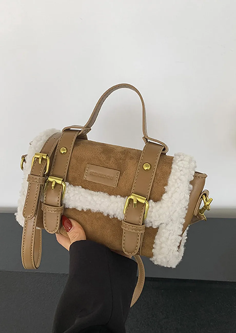 FAUX FUR DETAIL KHAKI CROSSBODY BAG