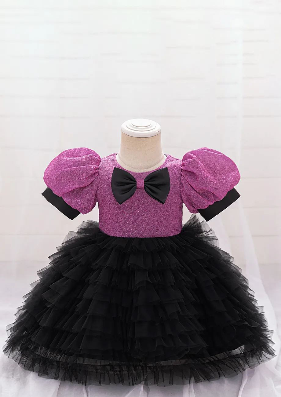 Purple Black Puff Sleeve Girls Dress