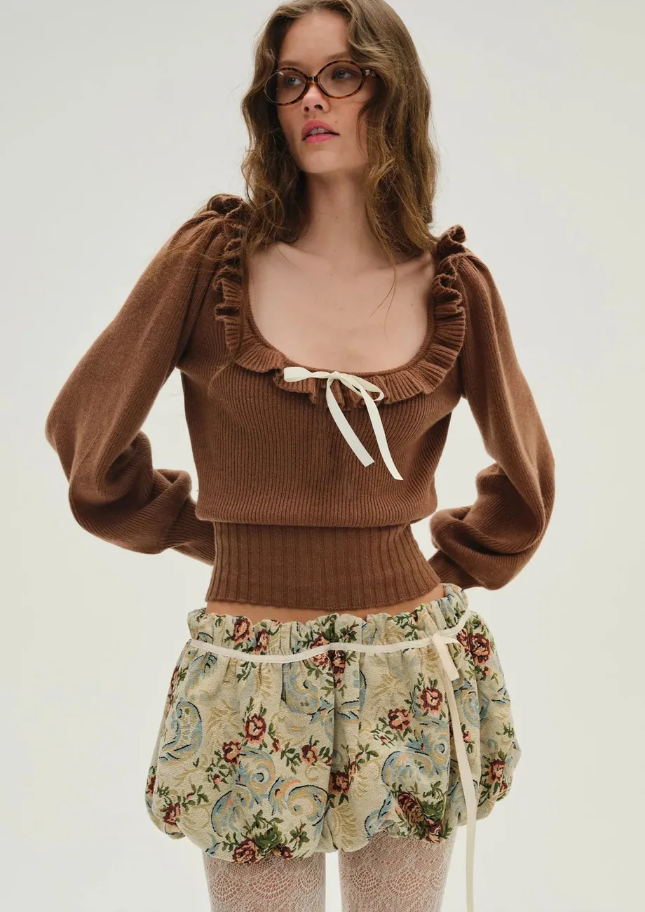 Buy Brown Ruffled Square Neck Knit Jumper for Women Online in India