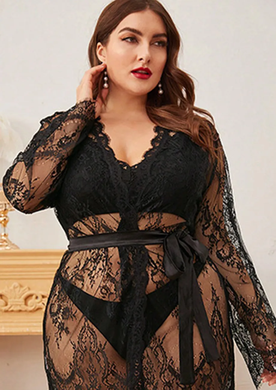 Black Plus Size Lace Night Robe