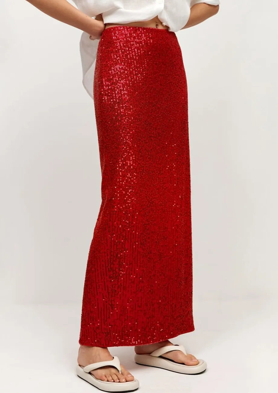 Red Sequinned Back Slit Maxi Skirt