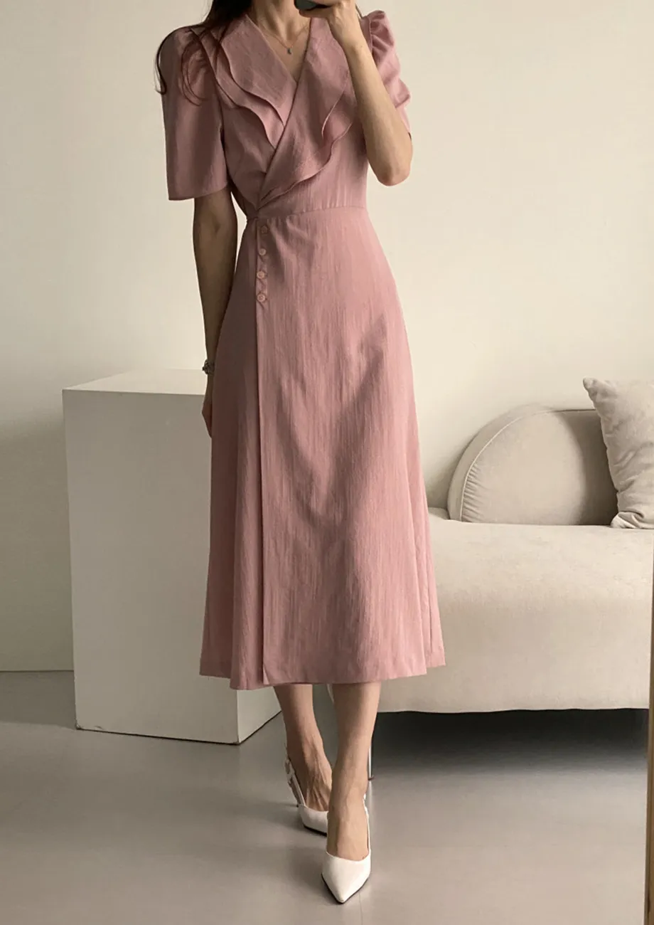 Pink Flounce-trimmed Wrap Dress