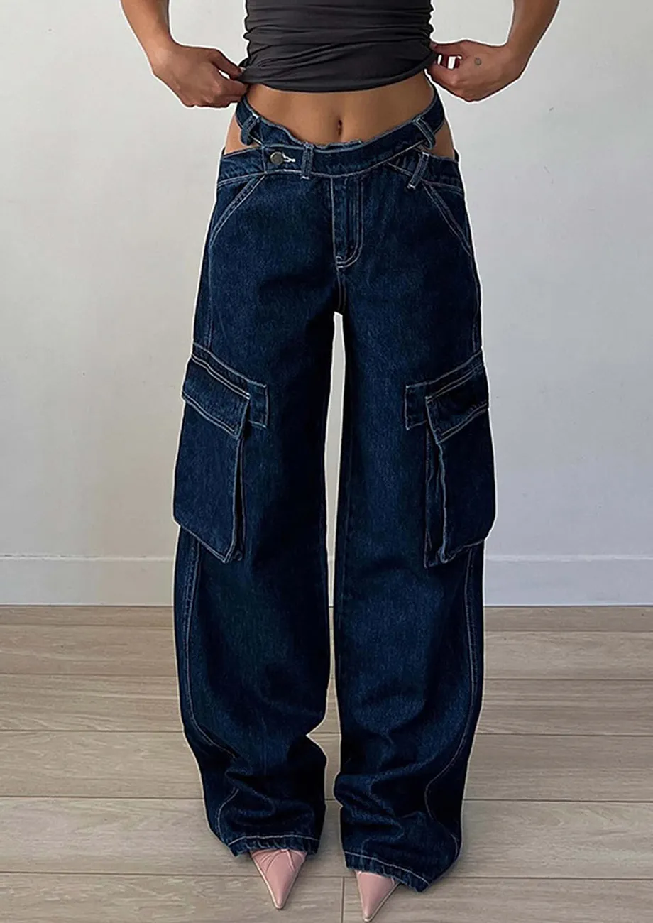 Blue Cut-out Waist Straight Jeans