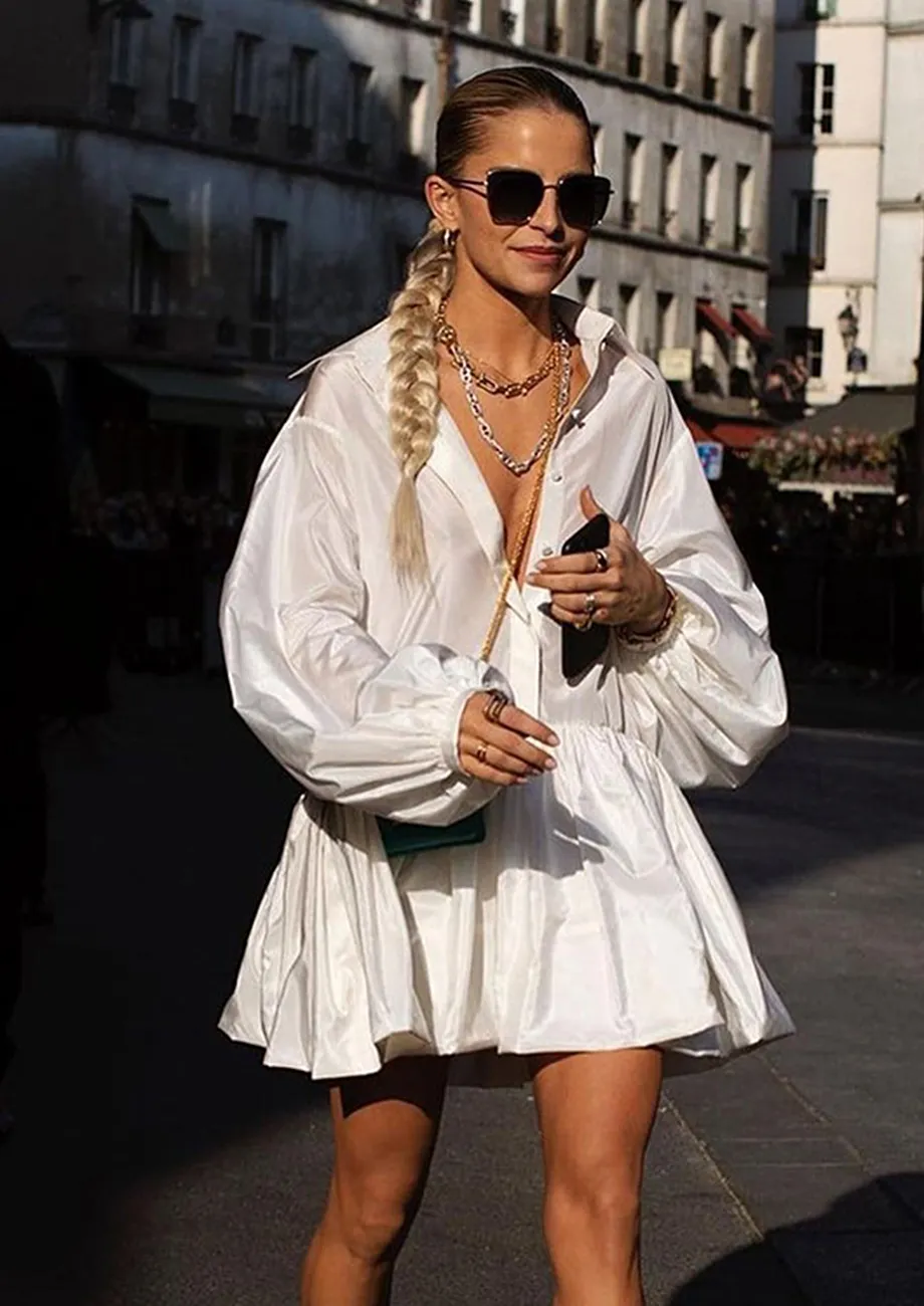 White Voluminous Tent Shirt Dress