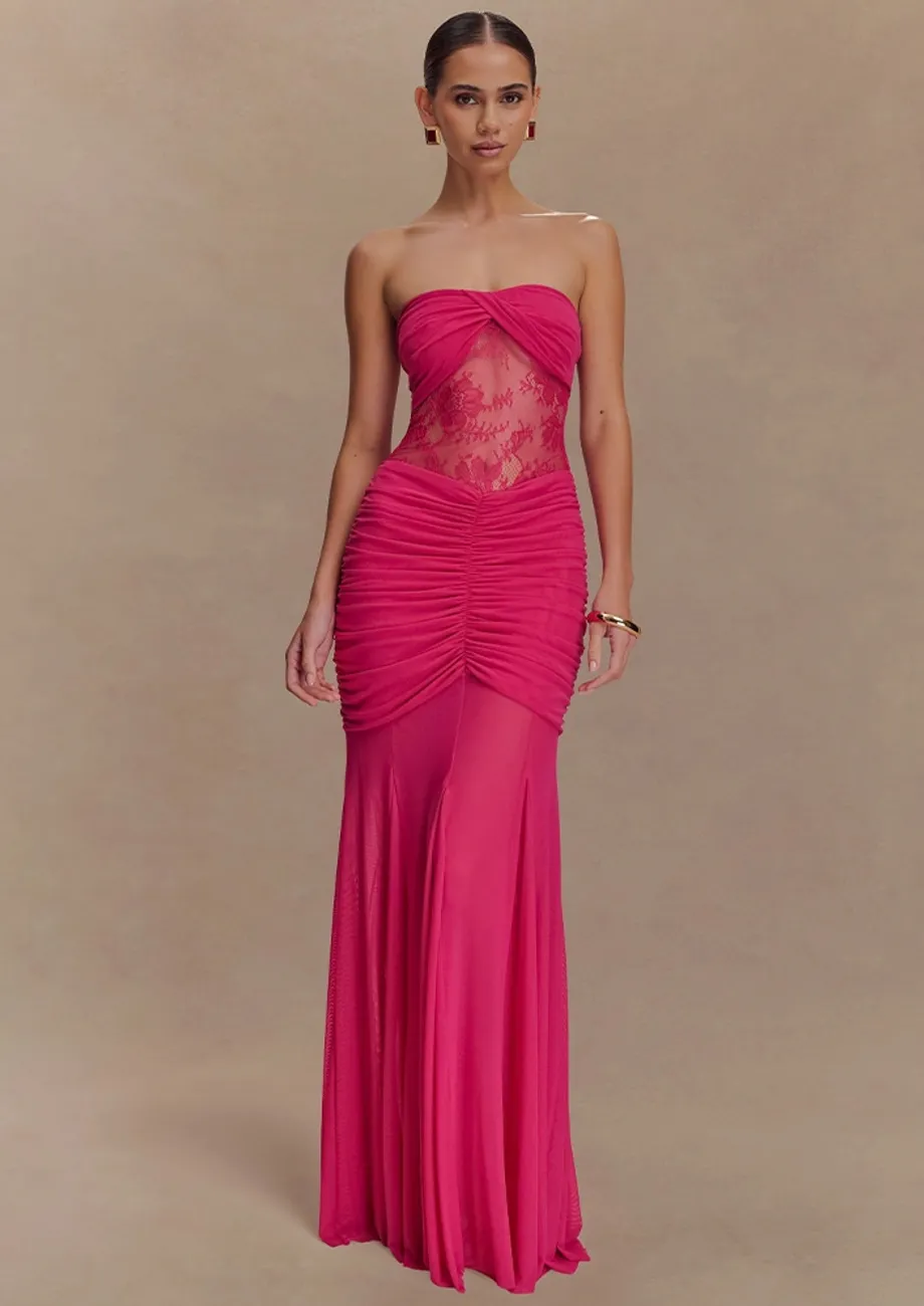 Pink Ruched Drop-waist Bandeau Dress