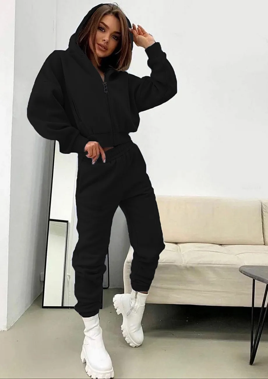 Buy Dropped Shoulder Crop Length Black Hoodie Jogger Set for Women Online in India