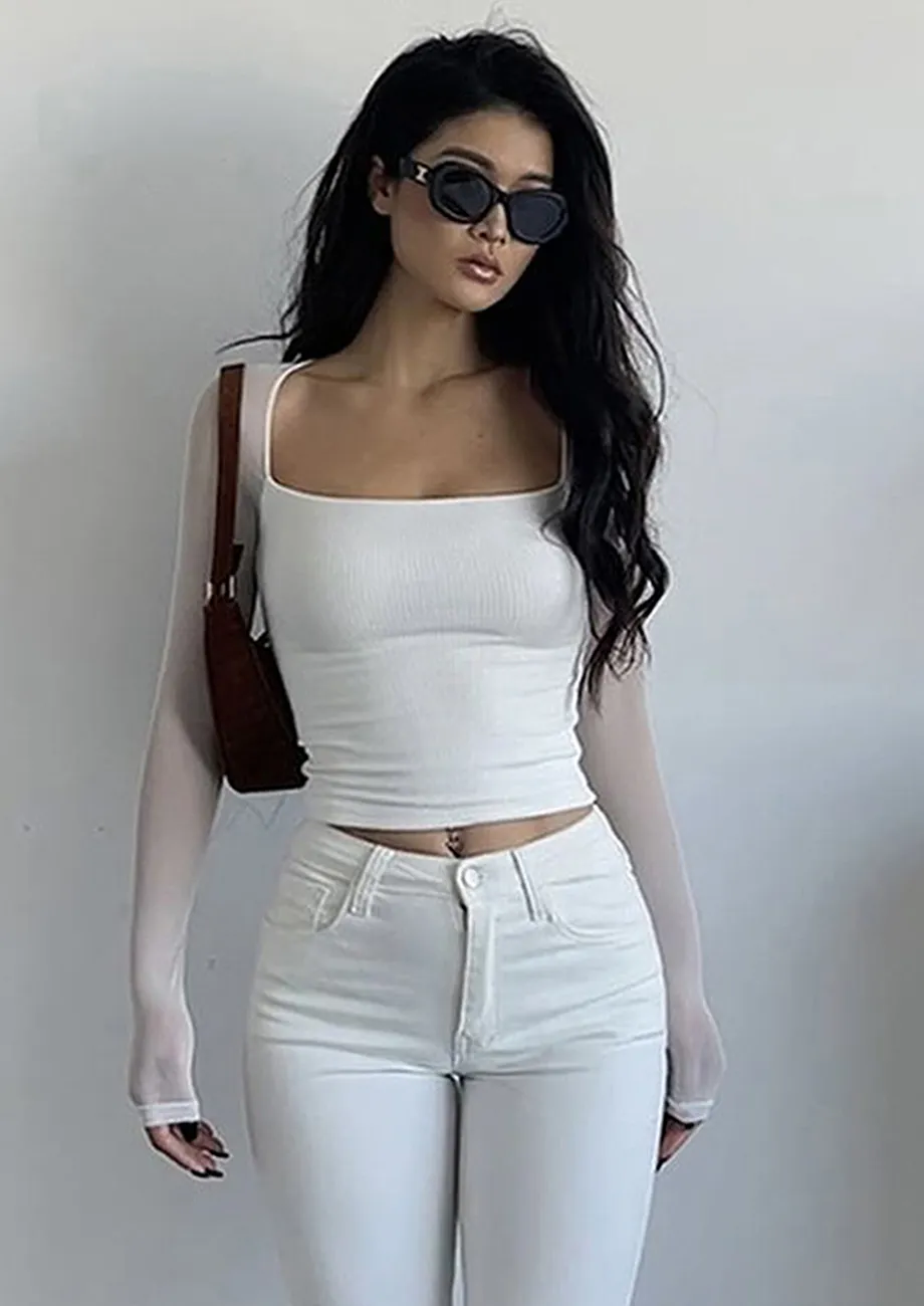 Buy White Sheer sleeve Slim Top for Women Online in India