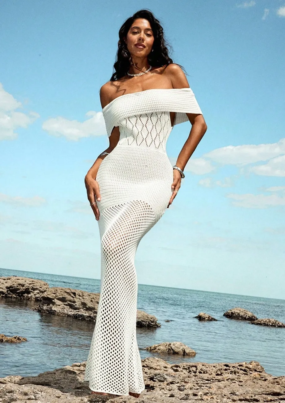crochet off shoulder maxi dress Knit Crochet Off-Shoulder Maxi Dress  Azure & Lavender