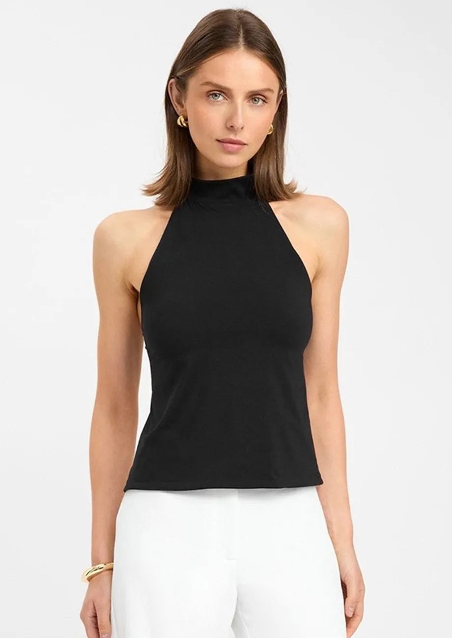 Black Solid Backless Halter Top