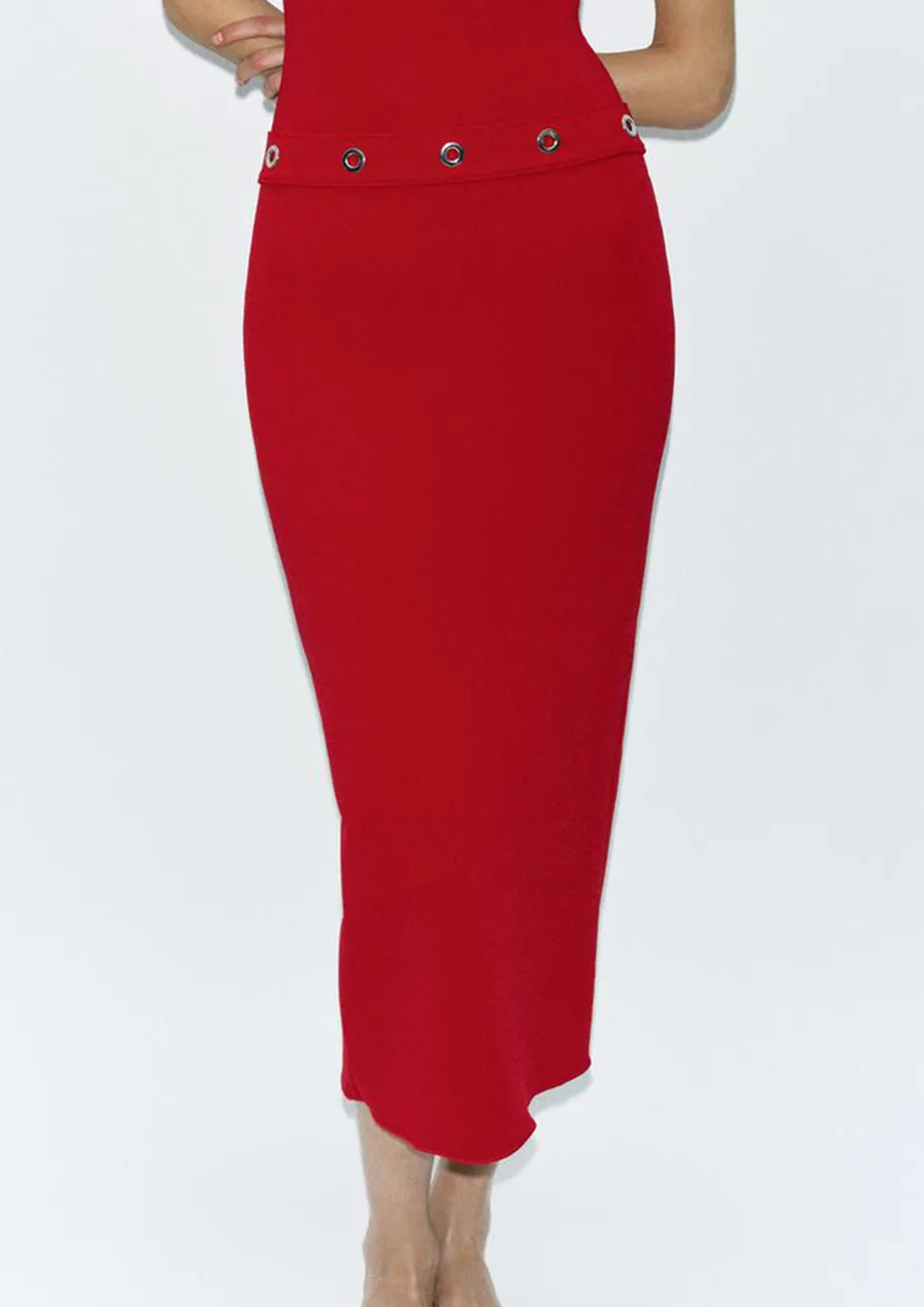 Red Rivet Detail Midi Skirt